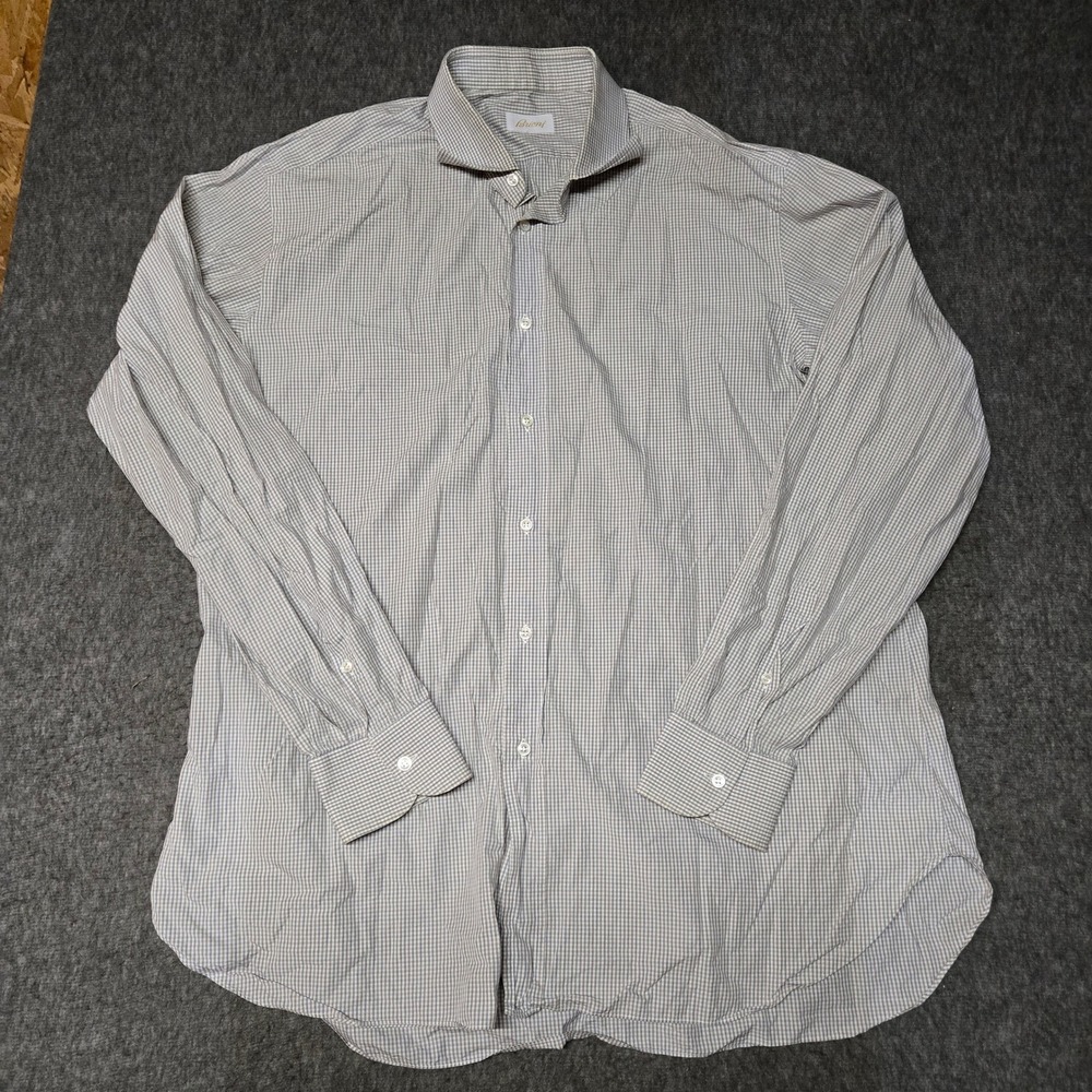 Brioni Dress Shirt Mens Size 16.5 L Blue Tan Micro Check Italy Cotton Luxury